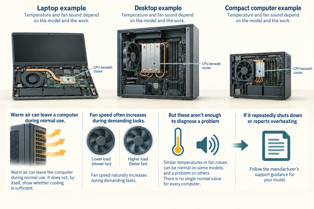 Laptop, desktop and compact computers release heat differently; warm air or fan-speed changes alone do not diagnose a fault.