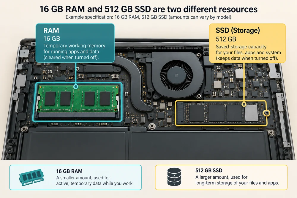 A laptop's 16 GB RAM and 512 GB SSD are separate resources: temporary working memory and saved storage.