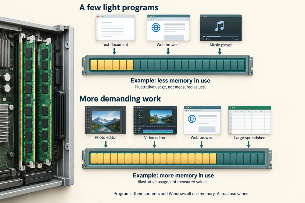 A few light programs occupy less RAM than demanding photo, video and browser work, even with similar program counts.
