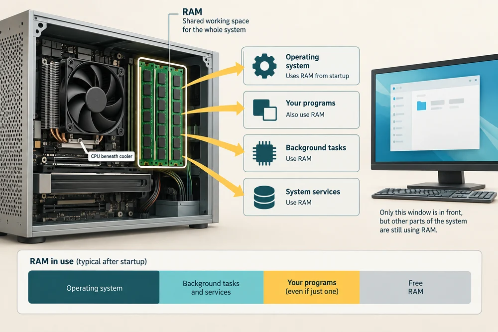 RAM is divided among the operating system, background tasks, programs and available space before more work is opened.