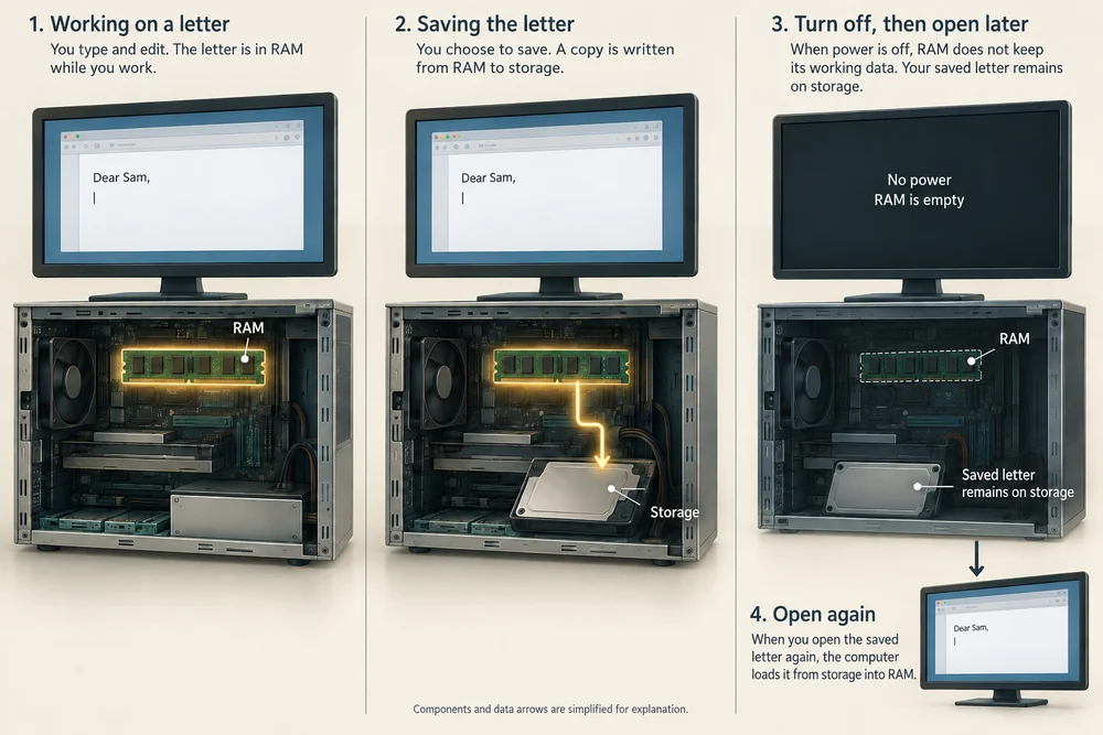 Saving a letter writes it to storage; after power is off and RAM is empty, the saved letter can be opened again.