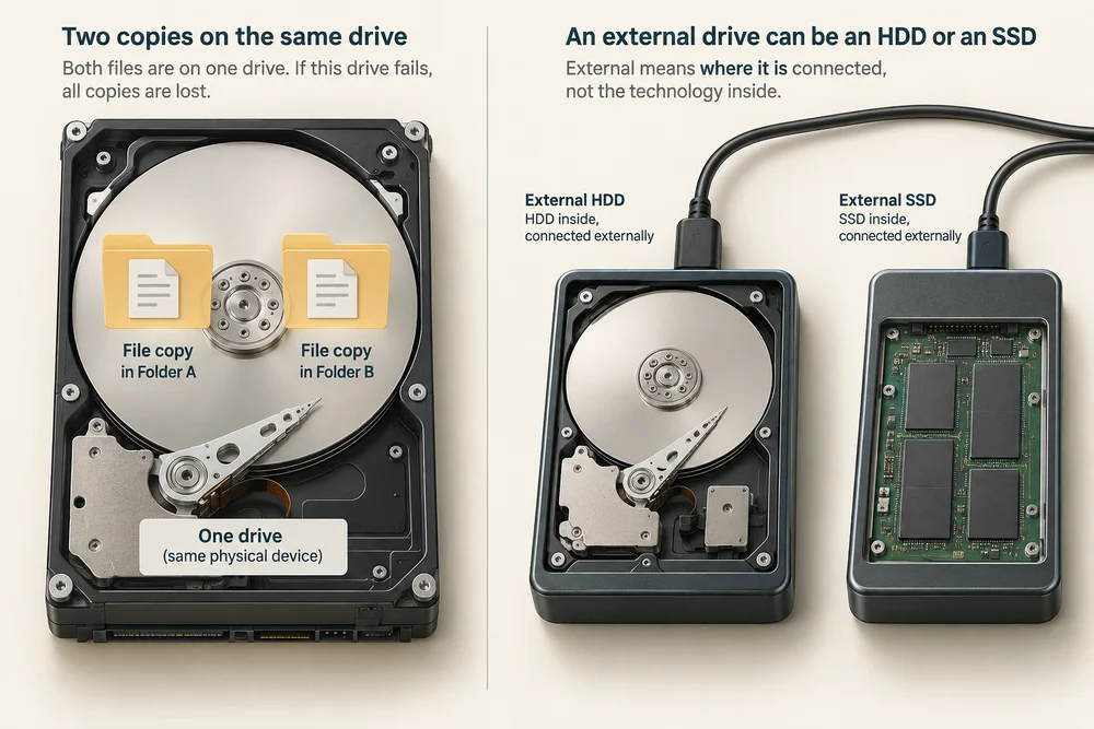 Two copies on one drive are both lost if that drive fails; a separate external HDD or SSD provides another storage location.