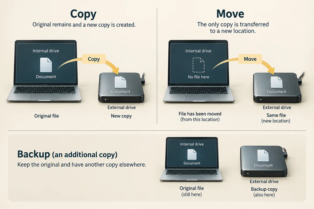 Copy leaves the original and adds another file; Move transfers it to a new location. A backup keeps an additional copy separately.