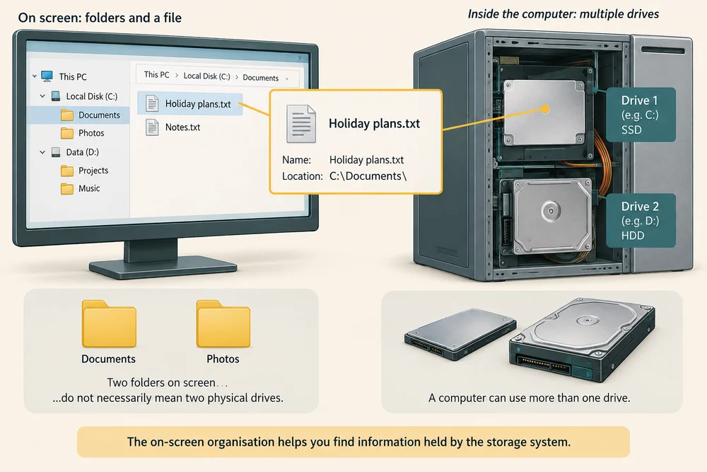 A file has a name and folder location; the computer can contain several physical storage drives behind those locations.