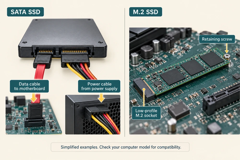 SATA SSD data cable to motherboard and power cable to power supply, beside an M.2 SSD mounted flat in a low-profile socket.