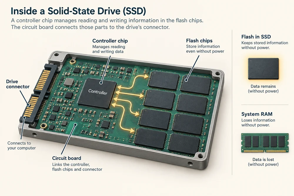 Inside an SSD, the controller manages reading and writing in flash-memory chips and communicates through the drive connector.