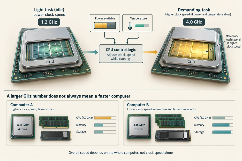 CPU clock speed changes with workload and temperature; a higher GHz figure alone does not establish a faster computer.
