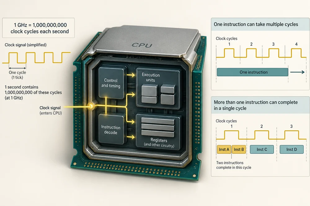 One GHz equals one billion clock cycles per second; an instruction can take several cycles, and cycles can overlap work.