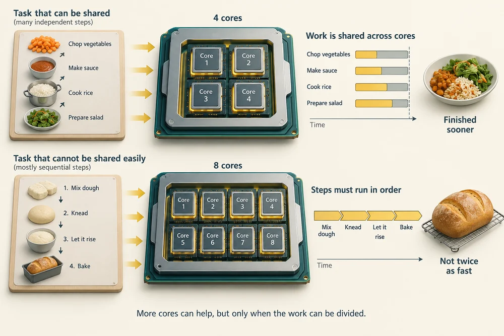 Work that can be divided is shared among CPU cores; sequential steps must still run in order, so more cores do not always finish sooner.