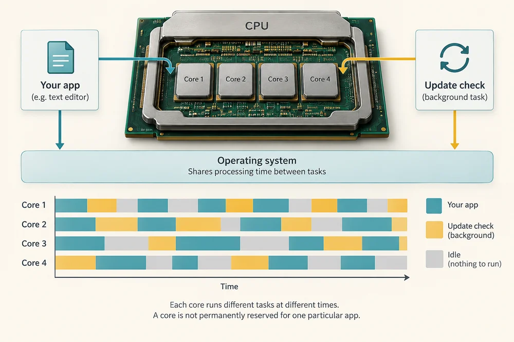 A timeline shows app work and background update checks sharing CPU time across cores.
