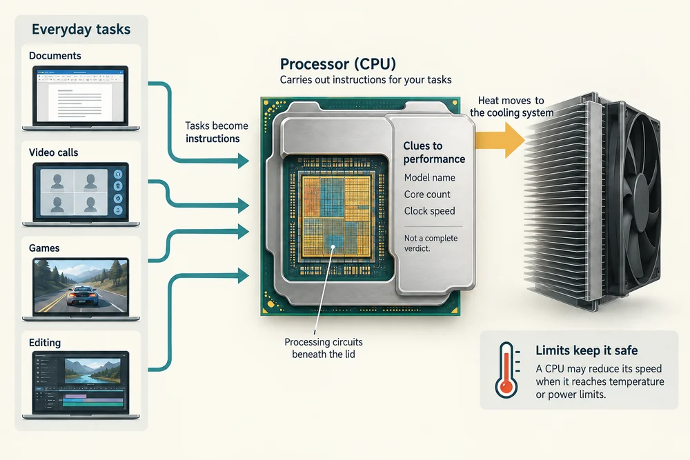 Documents, video calls, games and editing send work to the CPU; its heat must pass to a cooler and surrounding air.