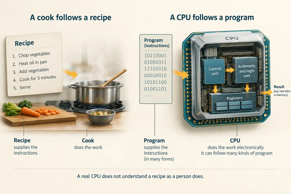 A cook follows a recipe's instructions, compared with a CPU electronically following a program.