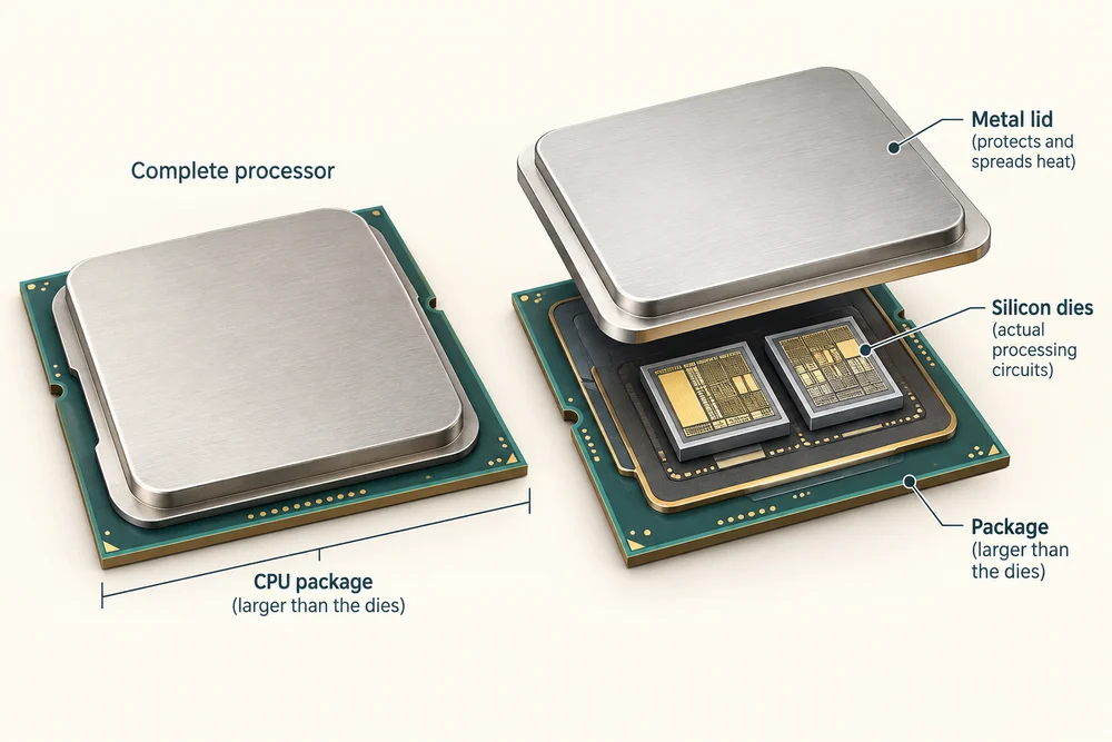 An exploded CPU package separates the metal heat-spreading lid, silicon processing dies and package base.