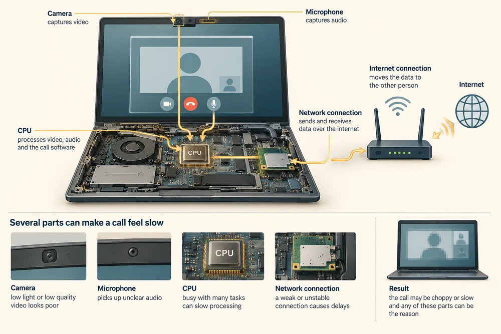 A video call depends on the camera, microphone, CPU and network; a problem with any can affect the result.