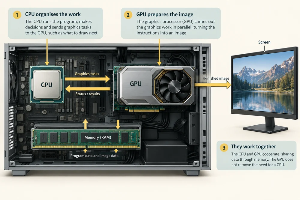 The CPU organises a program's work and the GPU prepares its picture, which is sent to the screen.