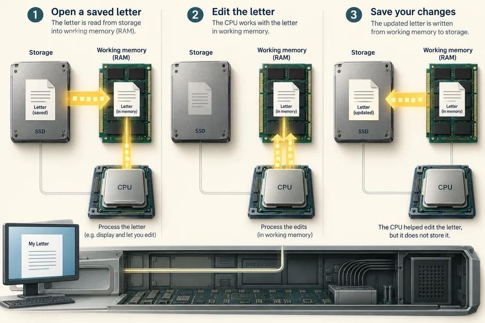 Opening a saved letter reads storage into RAM; editing changes current work, and saving writes changes back to storage.