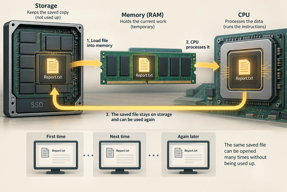 Opening a file reads information from storage into RAM for CPU work; the same saved file remains available to open again.