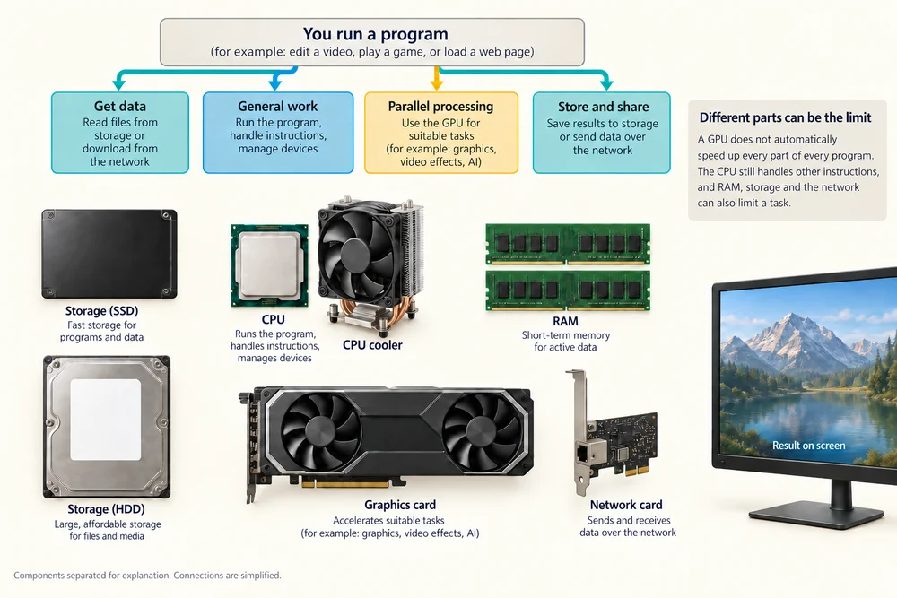 Different program stages depend on storage, CPU, RAM, graphics and network; a GPU upgrade does not accelerate them all.