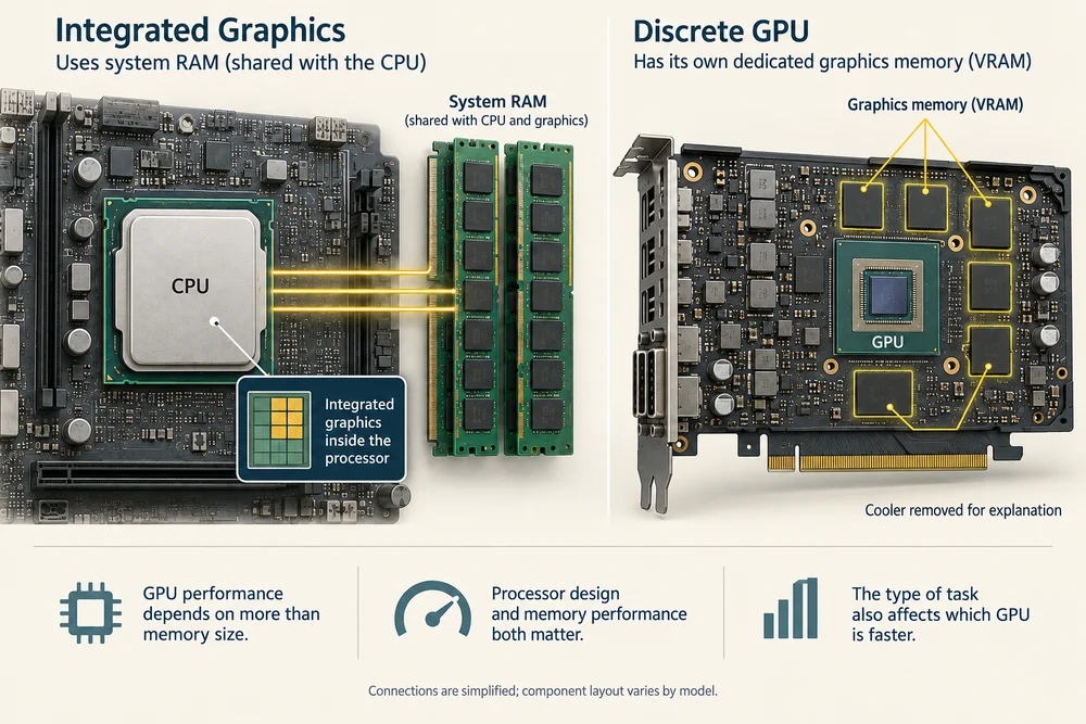 Integrated graphics use shared system RAM, while a separate graphics card has dedicated graphics memory.