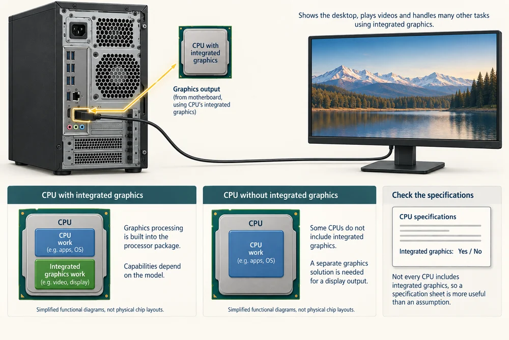 A desktop without a separate graphics card sends a picture using graphics built into its processor.
