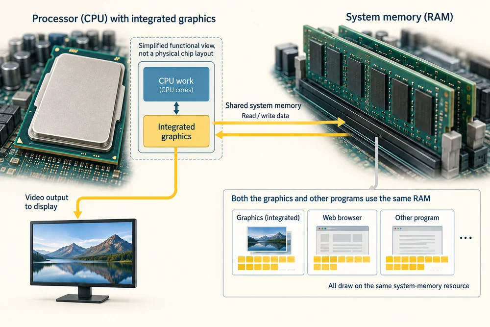 CPU and integrated graphics occupy the processor package and both use system RAM.