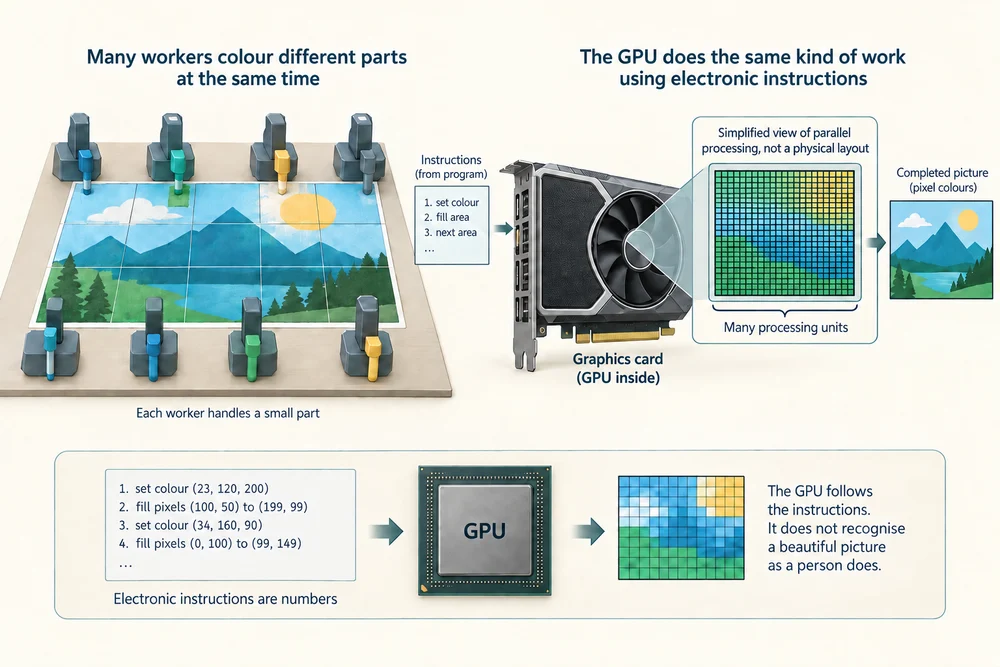 Workers colouring separate parts of a picture illustrate parallel work; a GPU performs many electronic calculations in parallel.