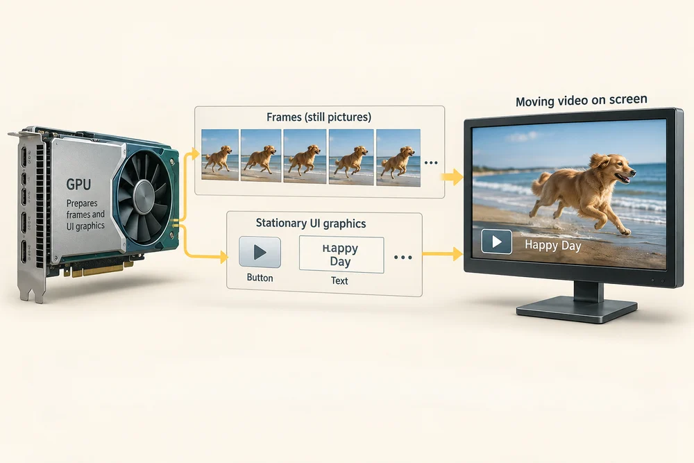 A sequence of still image frames becomes moving video, prepared by graphics processing and displayed on a screen.