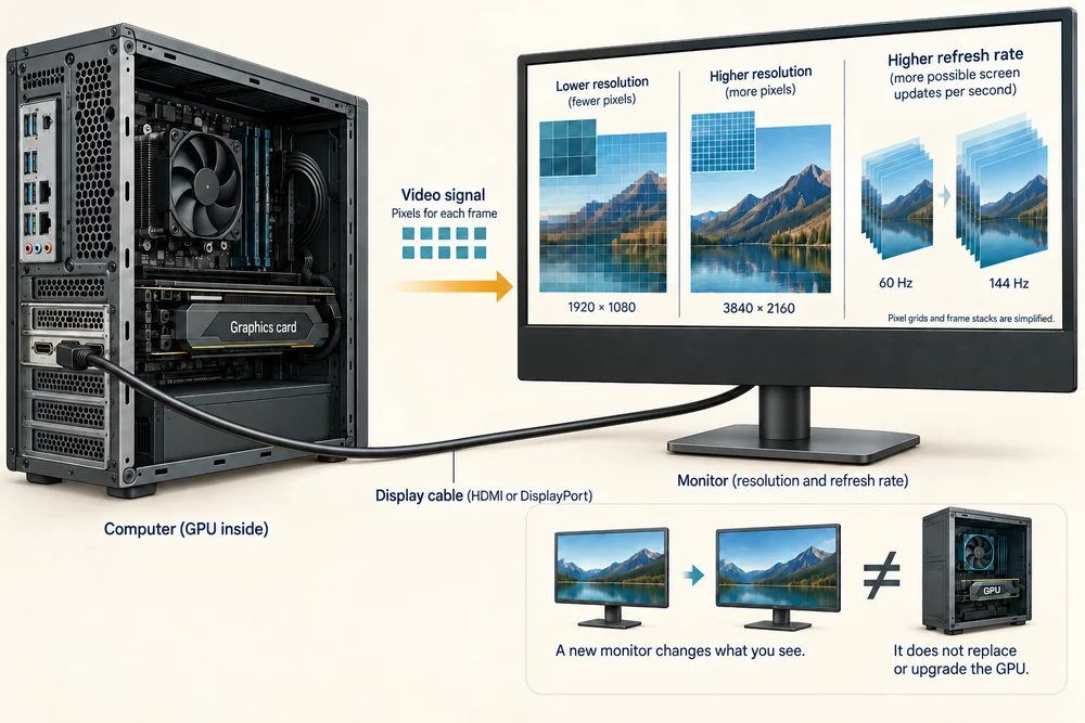 A monitor receives video from the computer; resolution affects detail and refresh rate affects how often the display changes.