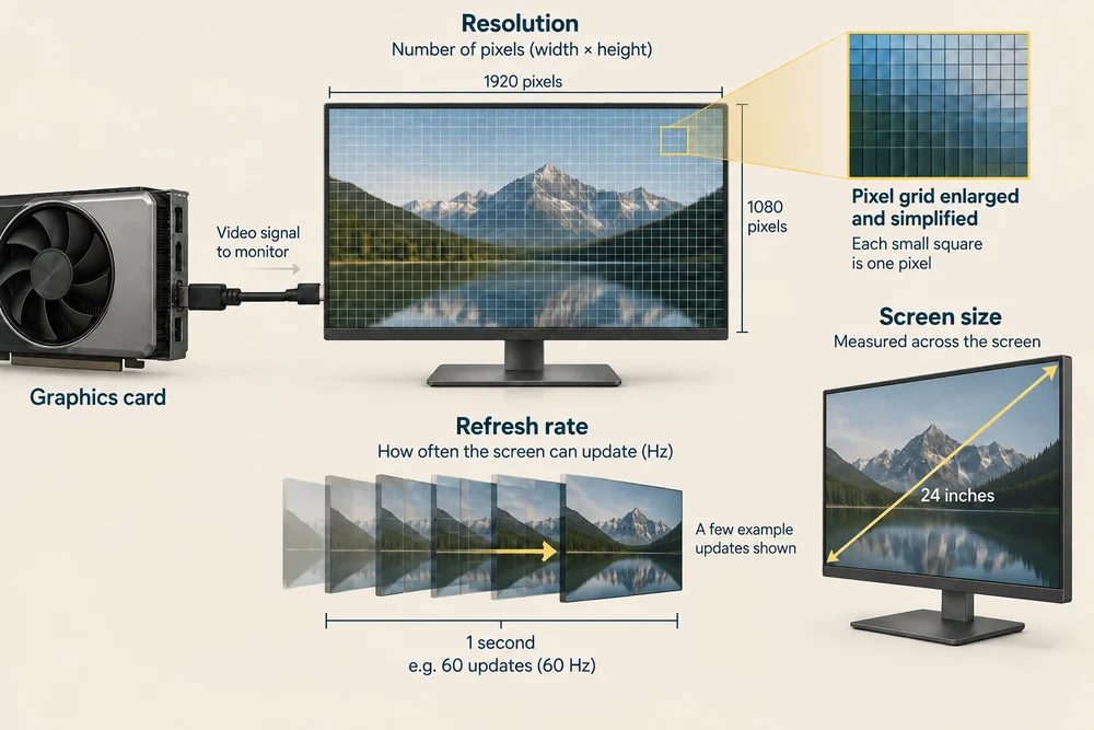 Resolution counts pixels across and down a picture; refresh rate measures how often a display can update each second.