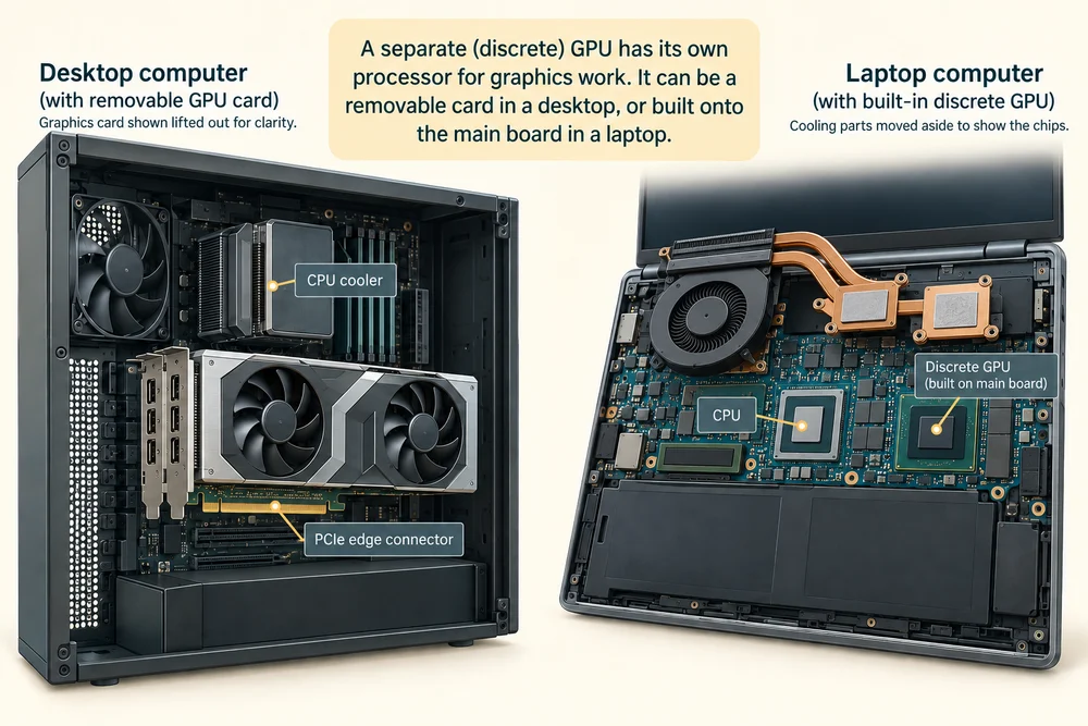 Separate graphics hardware appears as a desktop card or a chip inside a laptop, with its own graphics memory.