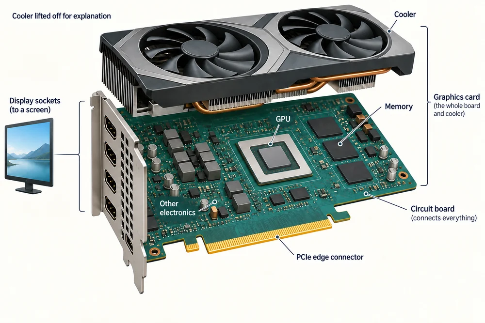 An exploded graphics card exposes its GPU, memory and other electronics beneath the lifted cooling assembly.