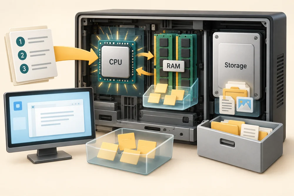 Instructions enter the CPU inside a computer, beside RAM for current work and storage for saved files.