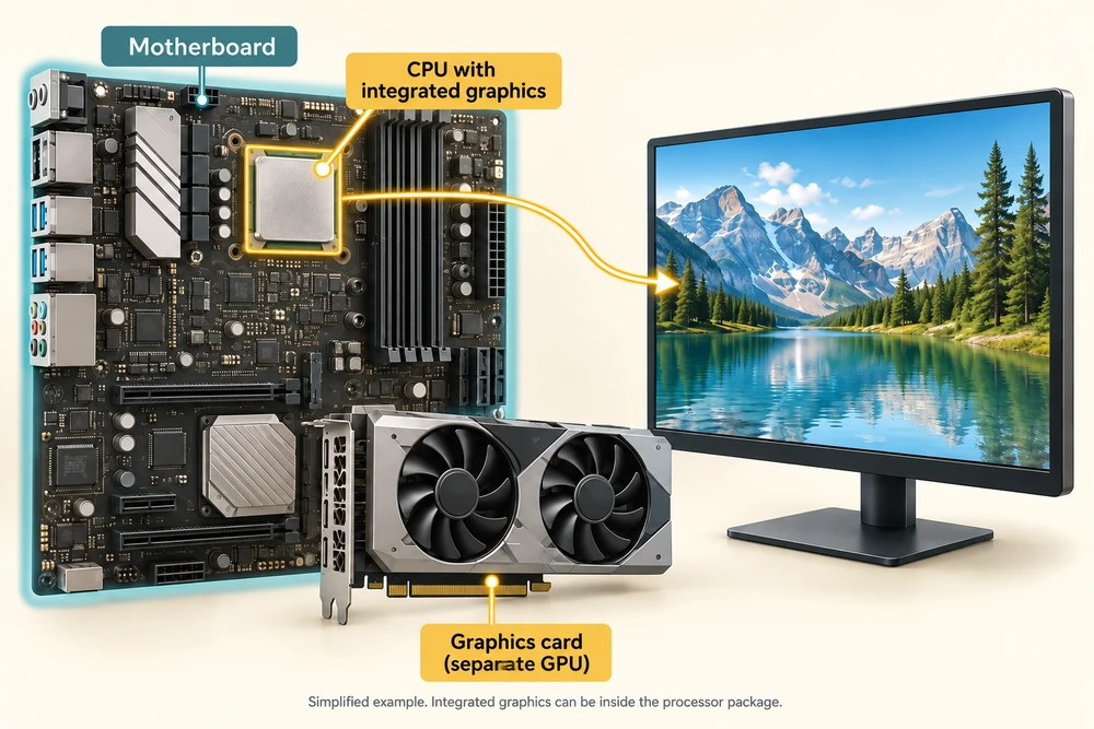 Conceptual comparison of graphics integrated in the processor package and a separate graphics card.