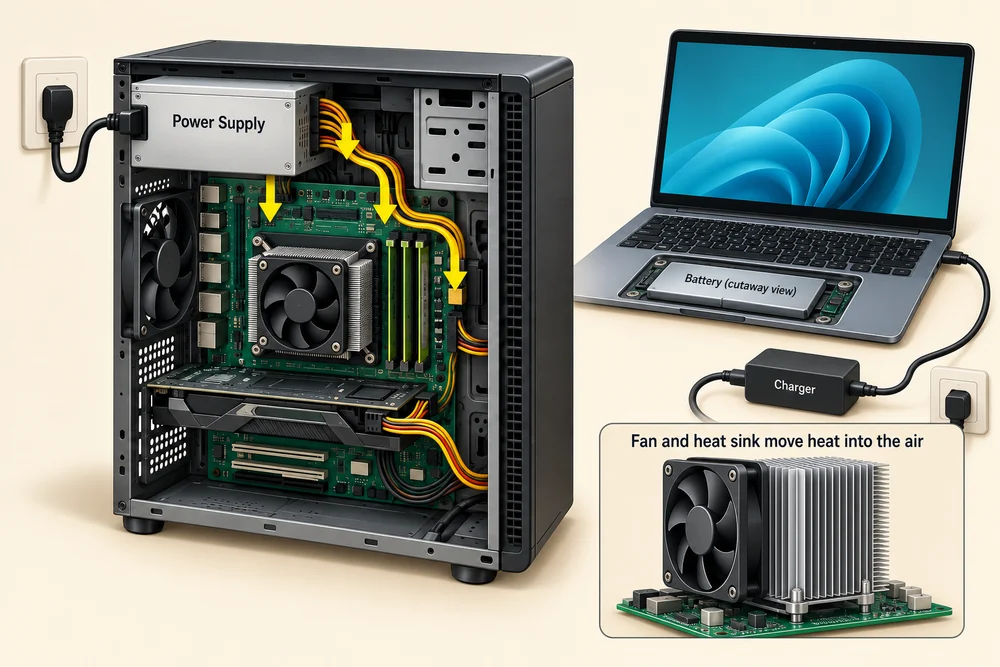 Power cables supply internal computer parts; a laptop has a separate power adapter, and cooling releases heat.
