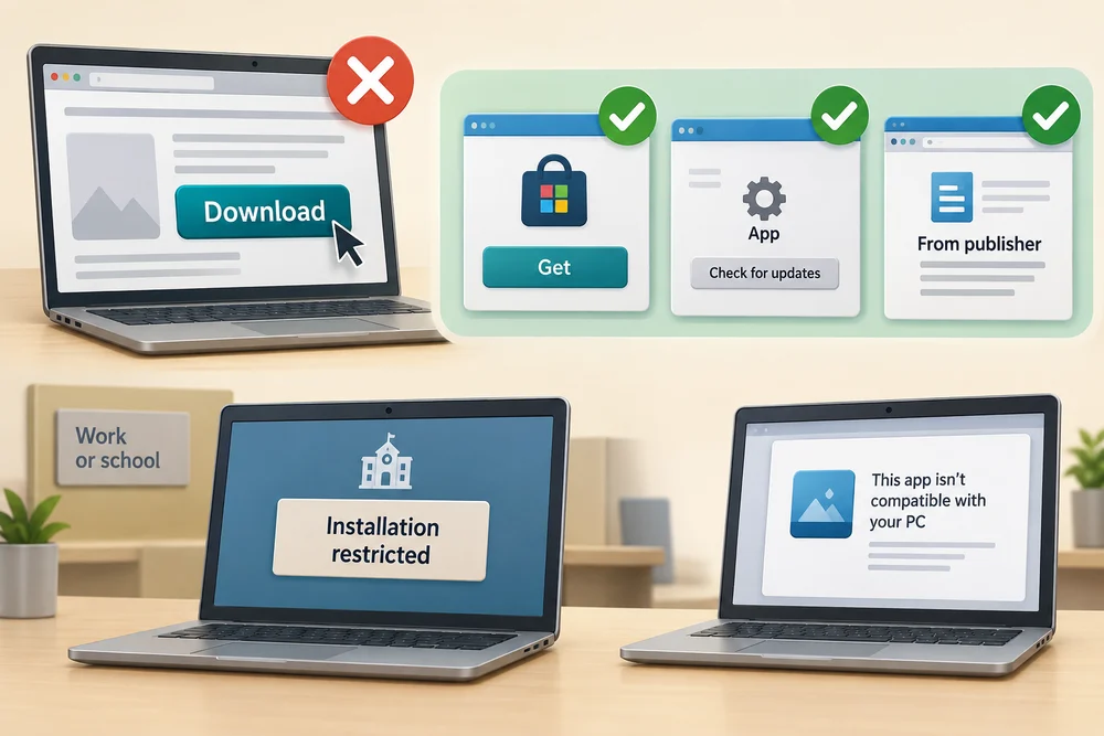 An unrelated Download button is rejected; trusted sources and the intended app are checked, with installation restrictions shown separately.