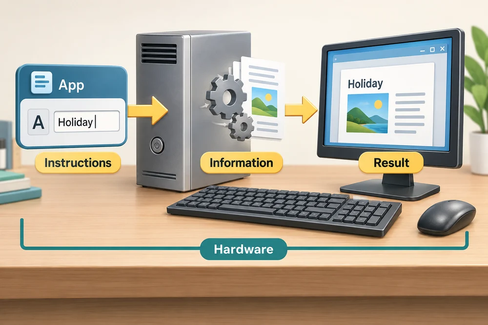 Instructions and information enter a computer, which produces a result on its screen.