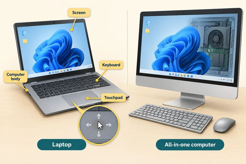 A laptop combines screen, keyboard, touchpad and computer body; an all-in-one combines computer and screen.