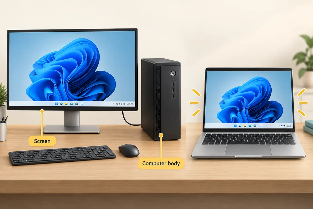 A desktop with a separate screen and computer body is compared with a compact laptop.