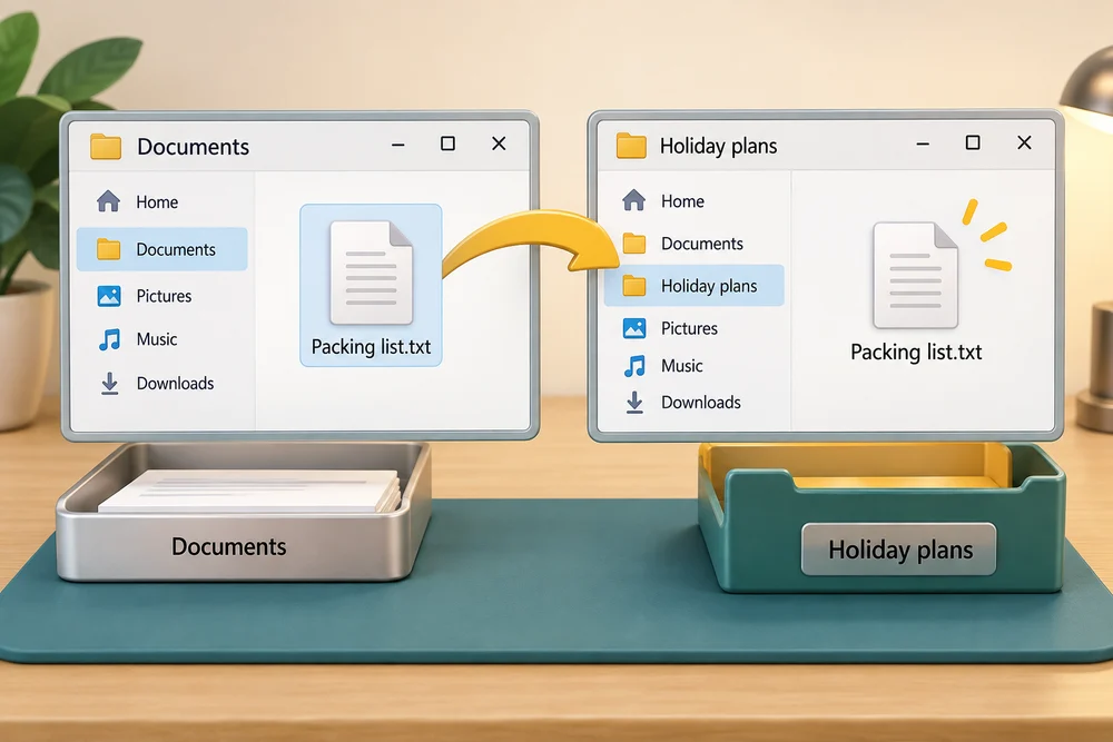 An arrow moves Packing list.txt from Documents into Holiday plans.