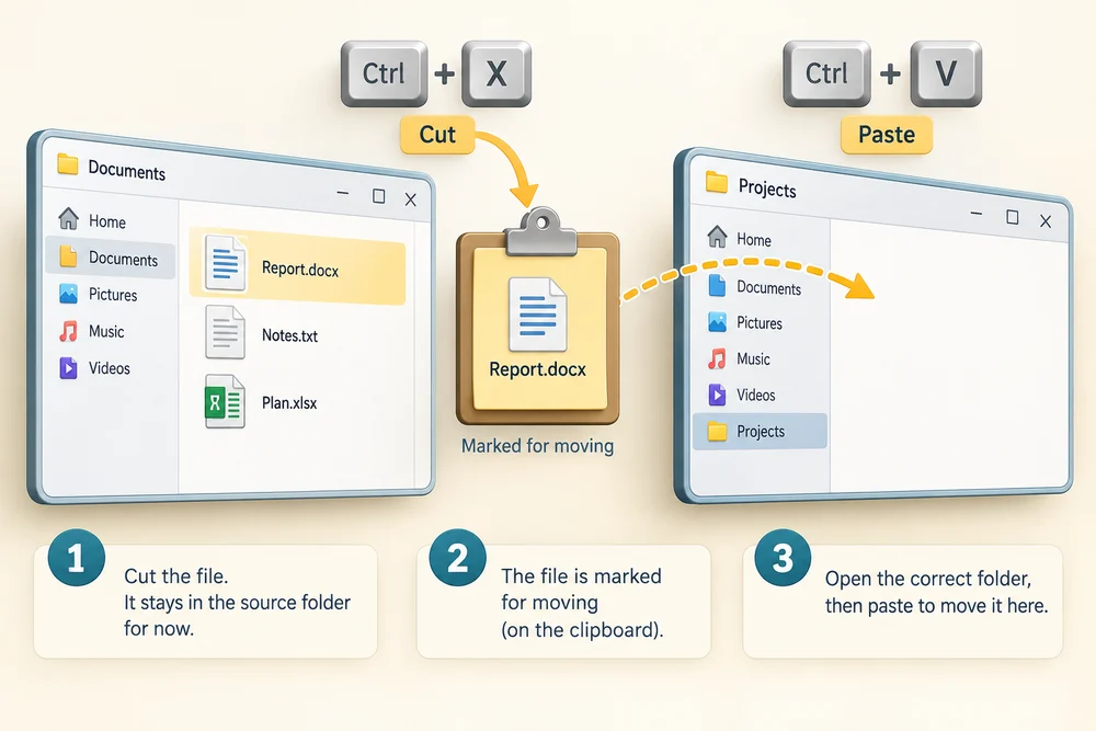 Cut marks a report for moving; opening the destination and pasting completes the move.