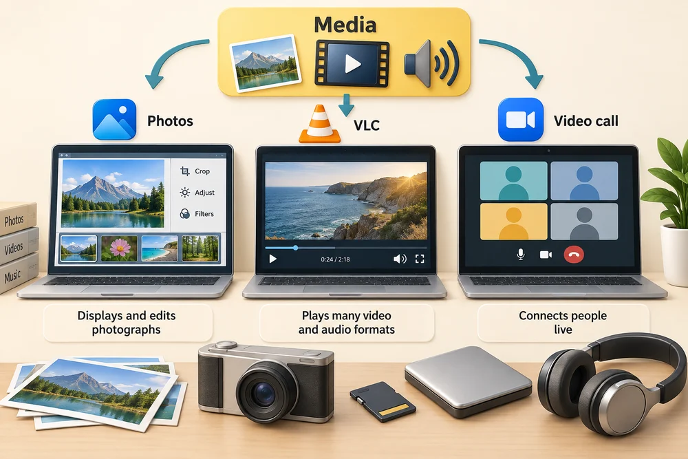 Photographs, video and audio are media used by photo apps, media players and video-calling apps.