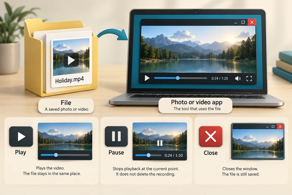 A saved video file is separate from its player app; Play, Pause and Close affect playback or the window.