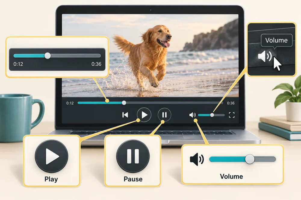 The triangle means Play, two upright bars mean Pause and the speaker slider controls volume.