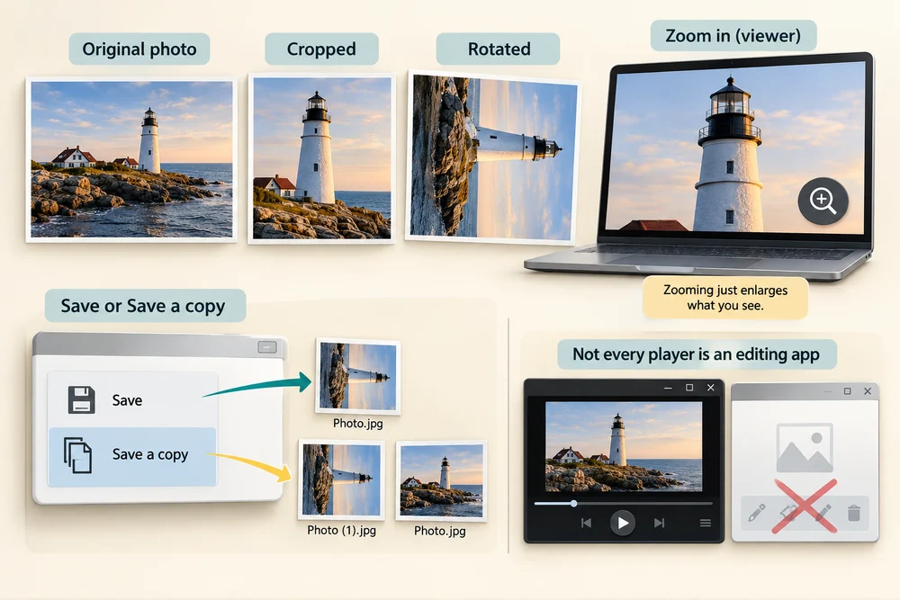 Cropping and rotating alter a photo, while zooming changes its view; Save a copy preserves the original separately.
