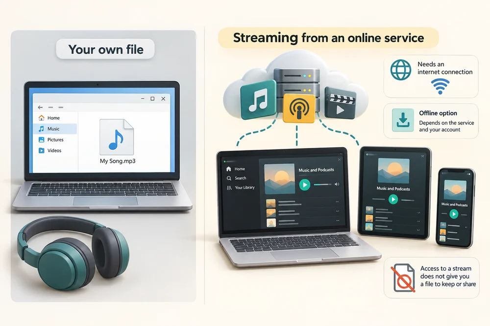 Opening your own saved media file is compared with streaming media from an online service.
