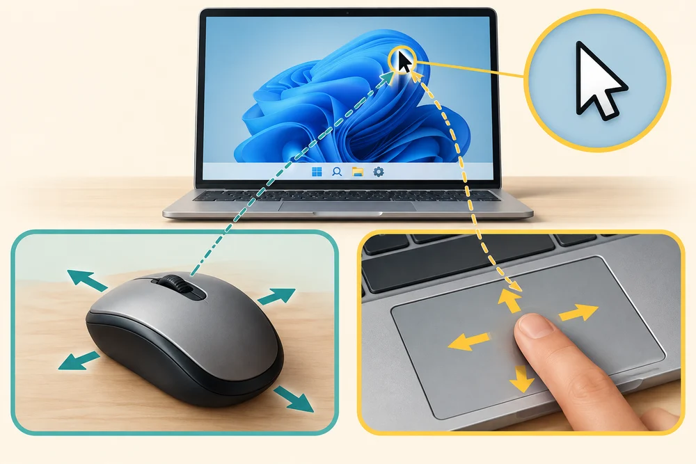 Moving a mouse or sliding a finger on a touchpad moves the pointer on the screen.