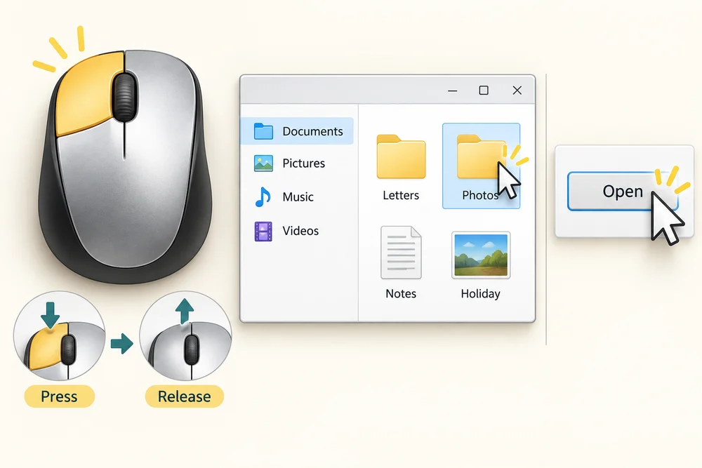 Pressing and releasing the left mouse button once selects a folder or activates a control.