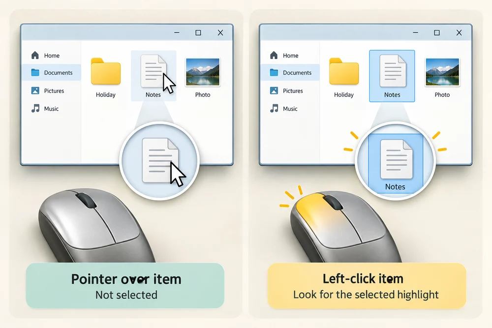 A pointer resting over a file is compared with the visible selection highlight after a left-click.