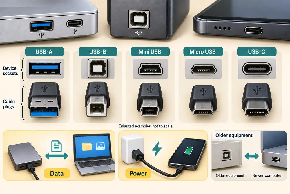 USB sockets and matching cable plugs are compared, with separate examples of data and power uses.