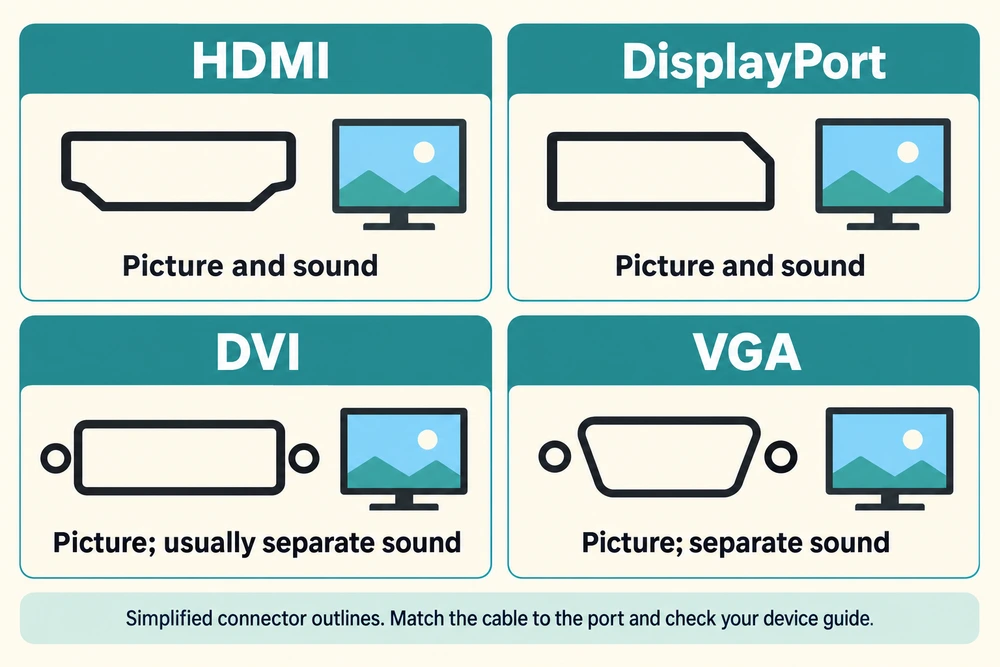 Simplified HDMI, DisplayPort, DVI and VGA connector outlines, comparing their picture and sound connections.